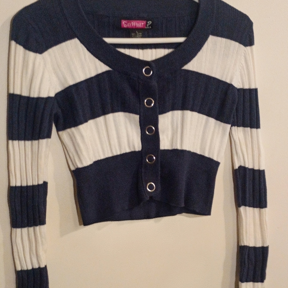 Say What ? Junior's Navy & White Striped Ribbed Button-Up Cardigan Size Large